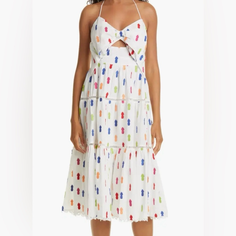 FARM Rio Pineapple Appliqué Keyhole Cutout Cotton Midi Dress Size Small